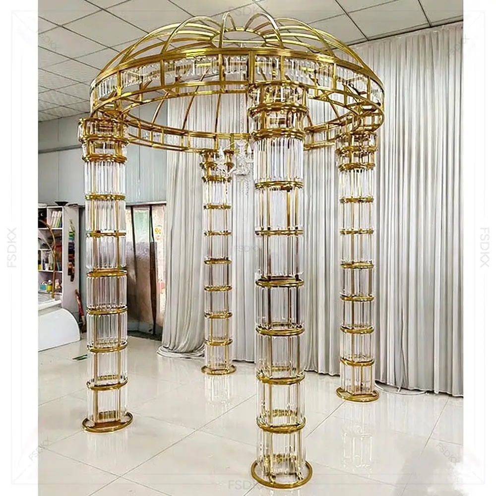 FSDKX New Arrival Large Stainless Steel Gilded Arch Backdrop Stand for Wedding Party Event Decorations Luxury Modern Square
