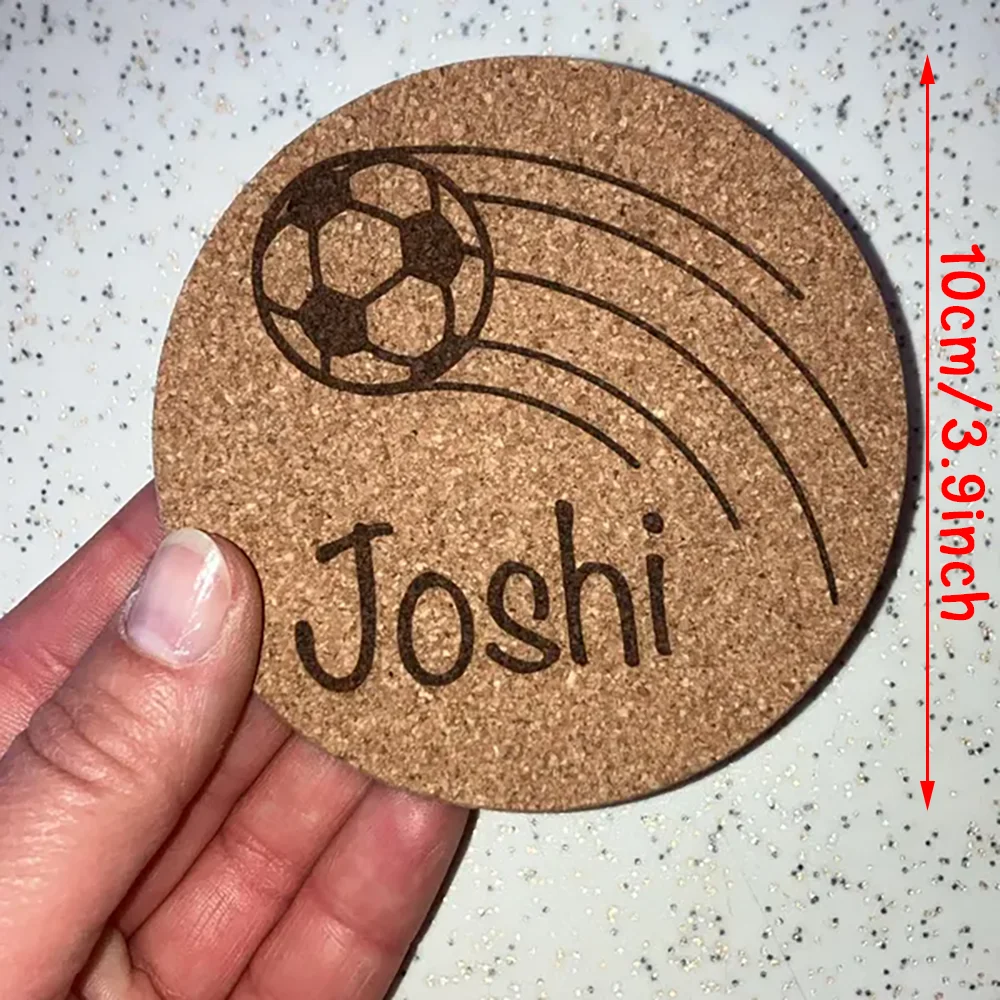 Personalized 4Pcs Football Cork Coasters with Children's Name Birthday Party Favor Place Cards Guest Gift Table Decor Giveaway