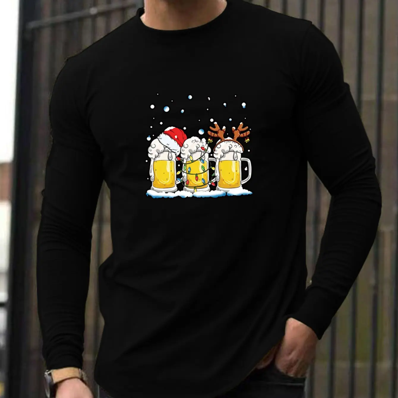 

Christmas Harajuku Men's T-shirt Funny Beer Print Fall Long Sleeve Pullover New Year Gift X'mas Clothing Casual O-neck Loose Top