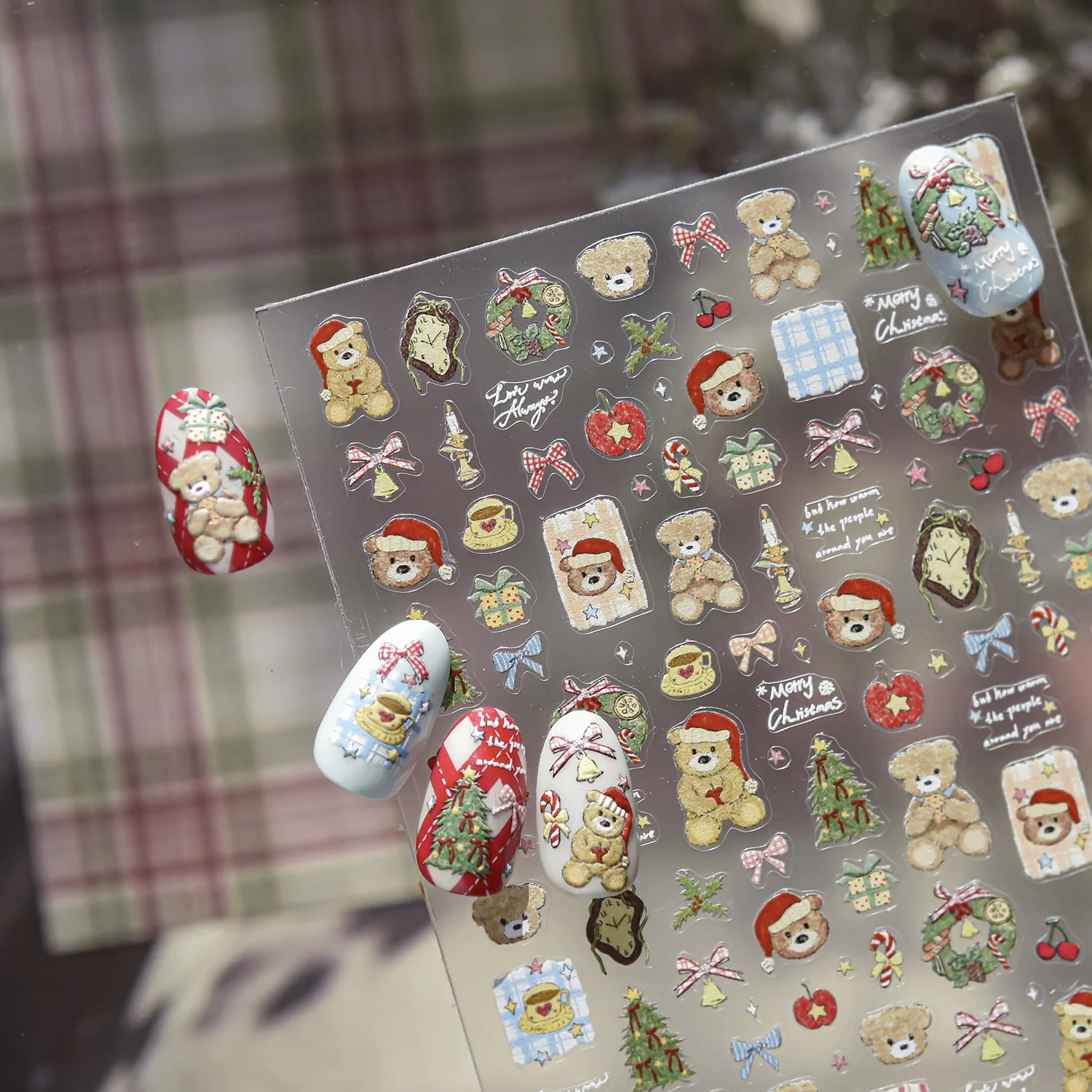 Pegatinas 3D para uñas, guirnalda navideña, árbol, oso, bola de cristal, Papá Noel, copos de nieve, lazo, decoración artística de uñas de invierno, pegatinas