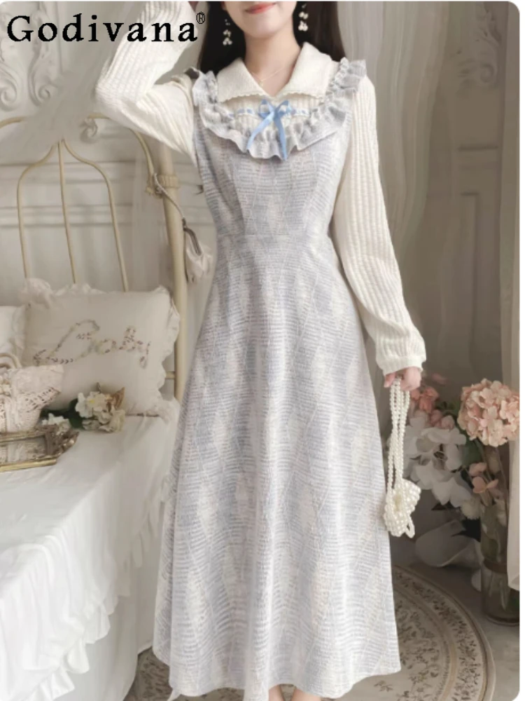 

Spring Autumn Sweet French Ruffles Plaid Fake Two-piece Knitted Dress Elegant Girl Fashion High Waist A-line Long Sleeve Dresses