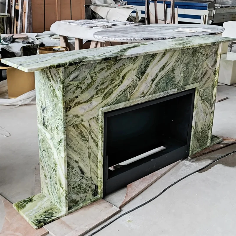Luxury Natural Stone Hand Craved Italian Light Calacatta Green Marble Fireplace Surround Mantel For Indoor Hotel Villa Decor