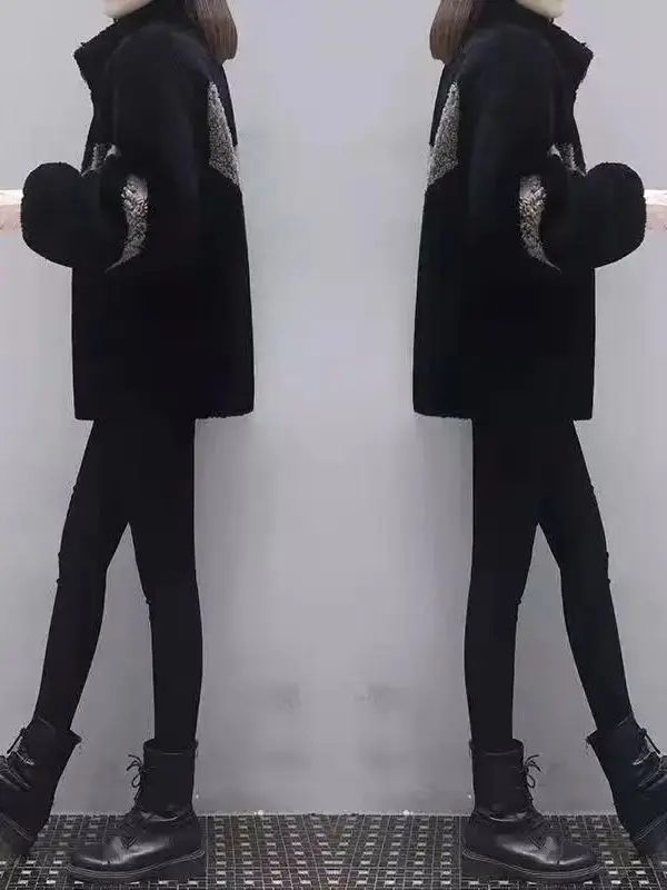 

Street Sle ort Lamb Fur Jaet Thiened Oversize Patchwork Color Winter Coat for Women Commute Sle Long Sve Zipper