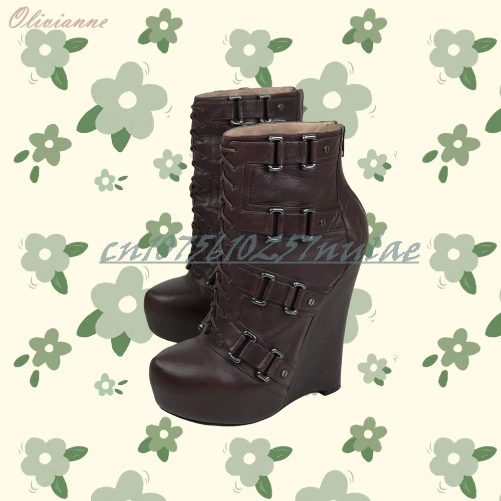

Coffe Color Retro Style Strappy Ankle Boots Buckle Belts Wedges High Heel Sexy Women Shoes 2025 Autumn New Zapatos Para Mujere