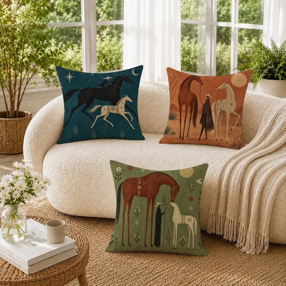 Western Horse Minimalist Equestrian Cushion Cover Soft Pillow Cases Hidden Zipper Cutecore Sofa Bedroom Home Decor Gift