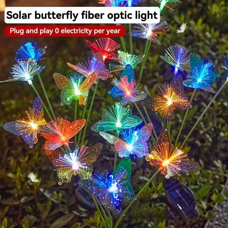 2026 New Upgrade 1PC 6-Head LED Solar Fiber Optic Butterfly Lights, 2 Modes Outdoor Idea Landscape Lighting For Garden,Pathways,