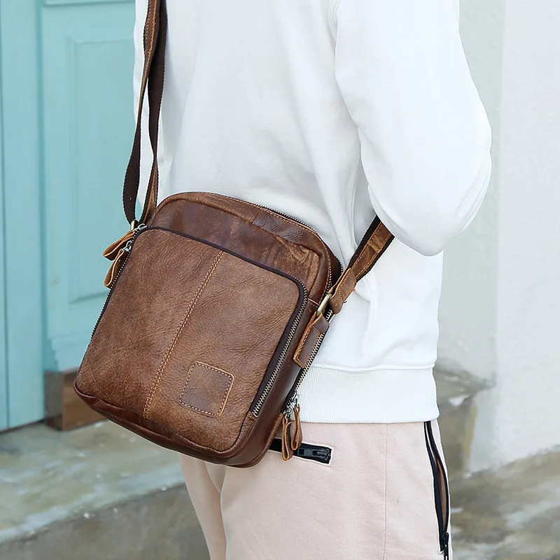 Genuine leather men's square multi-pocket large-capacity flat storage crossbody bag, hand bag, shoulder bag for men