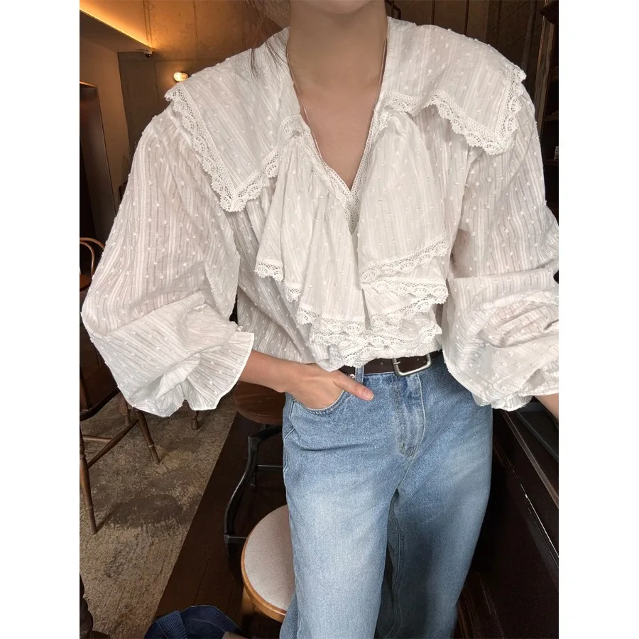 

Fashionable Versatile Early Spring 2026 Korean Style Women's Shirt Embroidered Floral Pattern Stand Collar Long Sleeve Top