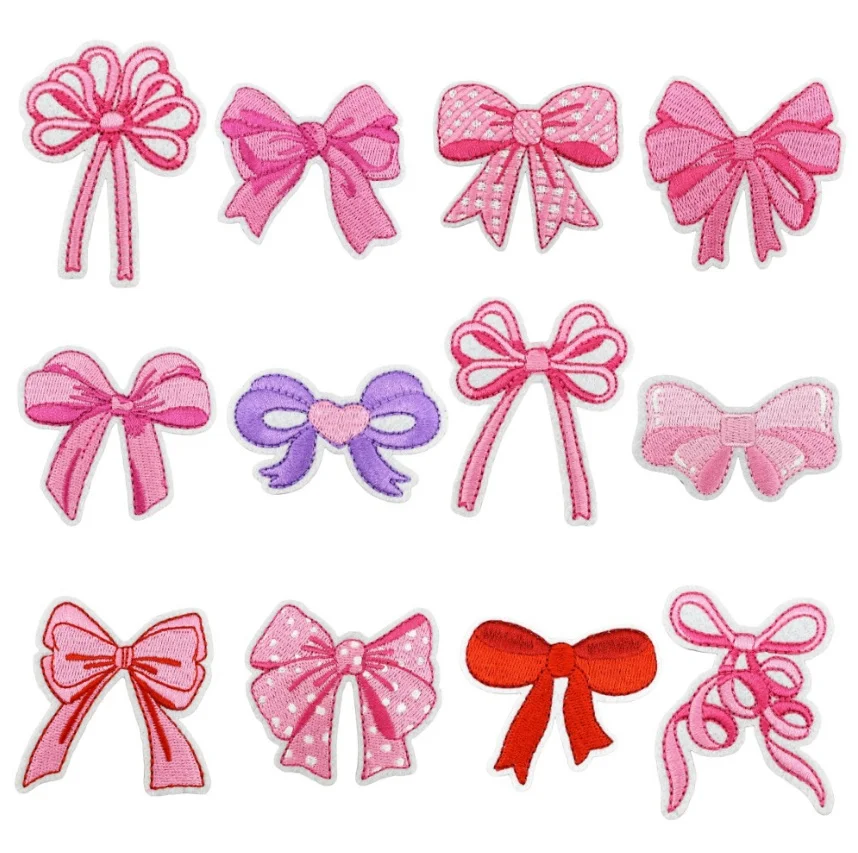 10 Pcs Pink Red Purple Bow Embroidered Patches Iron On Clothing Hat Bag Shoe Repair Material Phone Gift Box Decor DIY Accessory