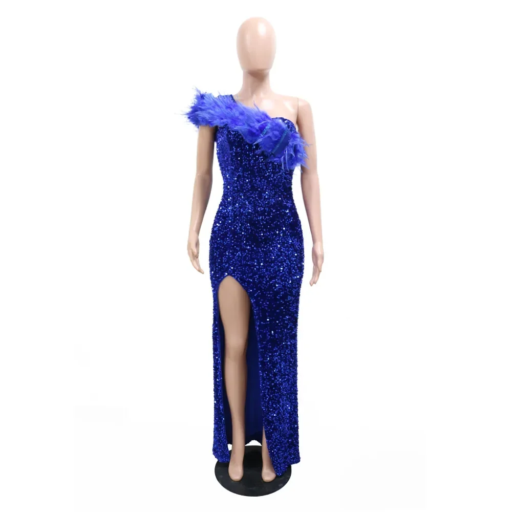 iDress Women Sequined Feather One Shoulder High Side Split Bodycon Midi Maxi Dress Sexy Club Evening Party Long Dresses Vestidos