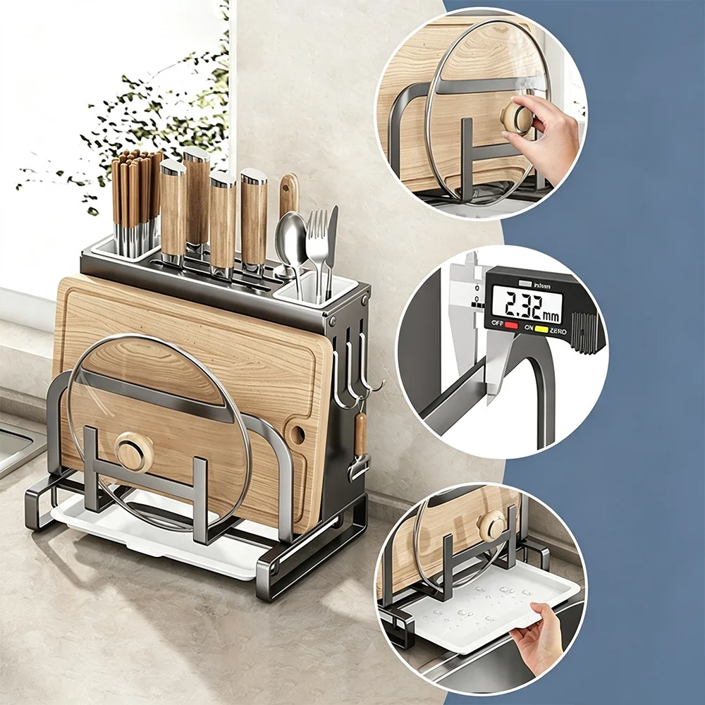 Kit di scaffali da parete 3 in 1 in acciaio inossidabile per la cucina, con tagliere, portacoperchi e piastra raccogligocce, 24x16x25,5 cm, ideale per ristoranti e uso domestico
