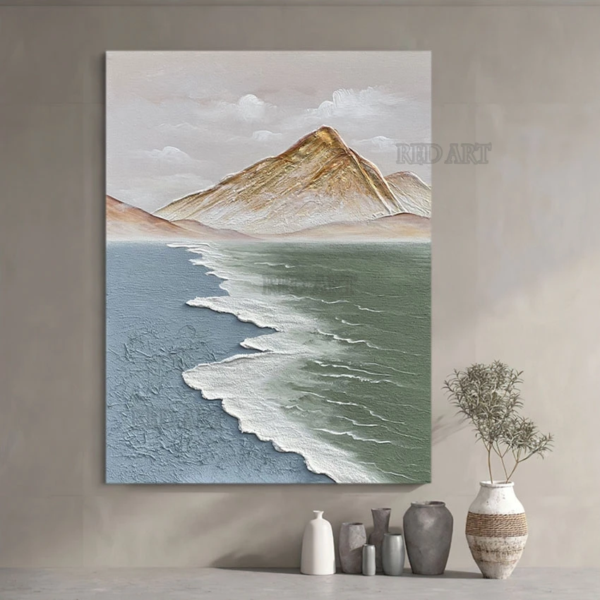 Outdoor Lake Scenery Canvas Picture Handmade Abstract Gold Mountain Oil Painting Canvas Wall Picture Art For Hotel Room Decor