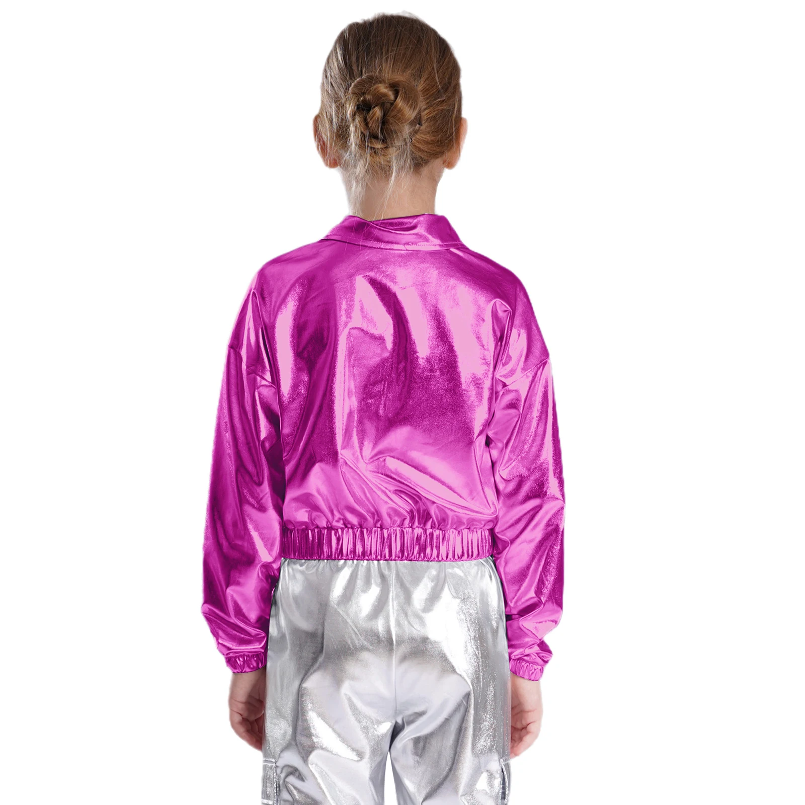 Kids Hip-Hop Jazz Dance Tops Metallic Shiny Jacket Boys Girls Turn-Down Collar Long Sleeve Outwear with Flap Pockets