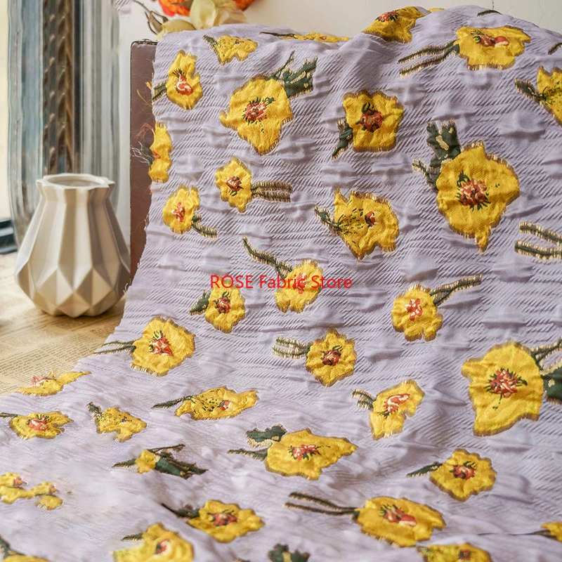 1 Meter Embossed Yellow Flowers Yarn Dyed Jacquard Fabric Women's Bubble Skirt Elegant Dress Diy Sewing Fabric