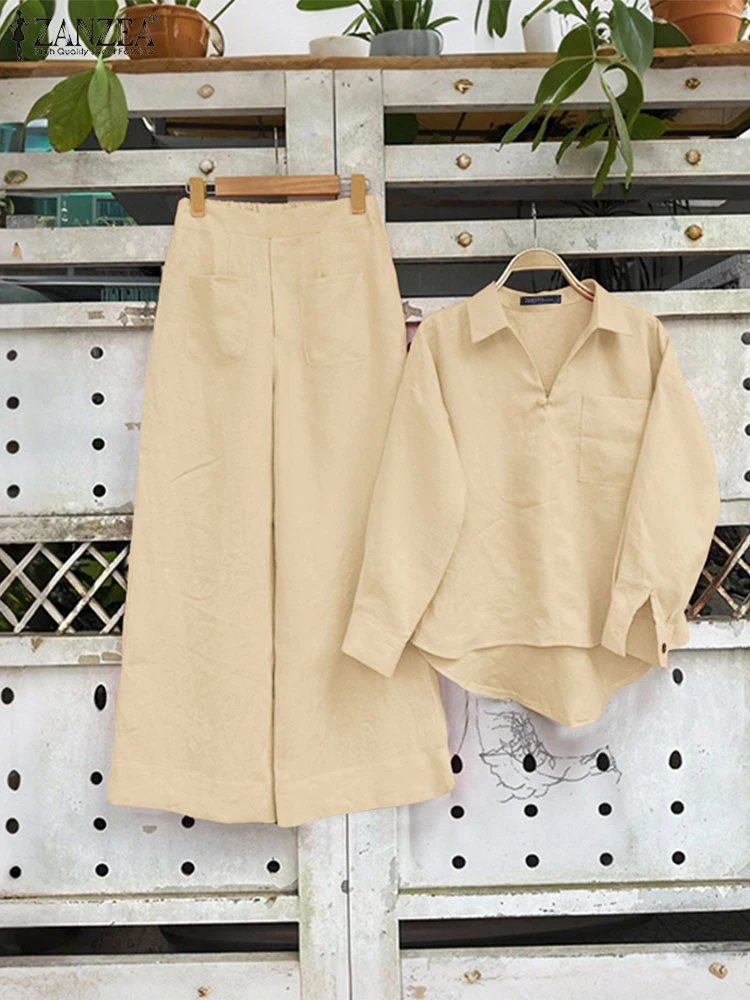 

Spring Trousers Suit ZANZEA Fashion 2PCS Long Sleeve Blouse Women Matching Sets 2025 Autumn Outfits Casual Solid Work Tracksuits
