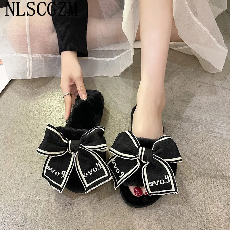 Winter Slippers Women Designer Shoes Butterfly Knot Fur Slippers Woman Warm Shoes Slippers Women Luxury Ladies Shoes вьетнамки