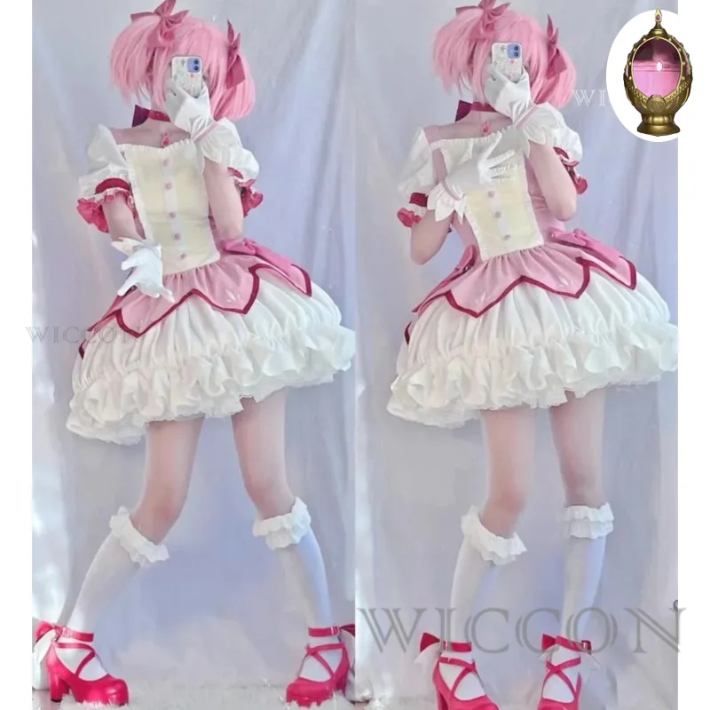 Puella Magi Madoka Magica przebranie na karnawał peruka halka buty Kaname Madoka różowa krótka sukienka balowa impreza z okazji Halloween jednolity strój