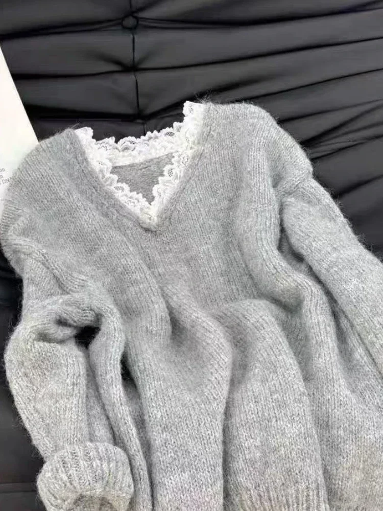

Y2K корейский вязаный пуловер с бантом, женский милый кружевной японский свитер, офисный женский осенне-зимний большой свитер Y2k, наряды