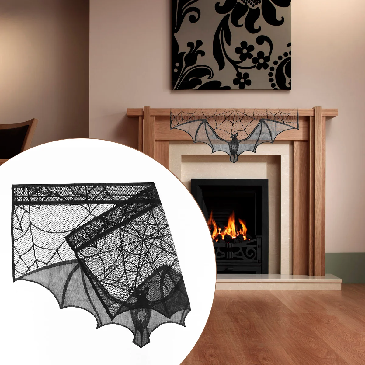 

Door Curtain Fireplace Cloth Bat Spider Web Stove Decor Tablecloth Scarf M Halloween