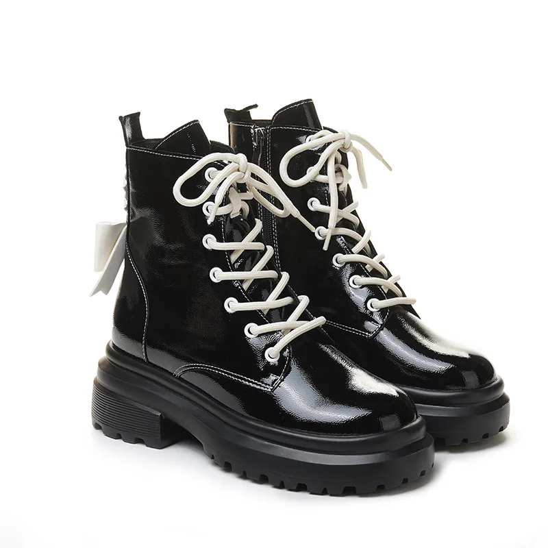 

Женские ботинки с розовым бантом контрастного цвета из лакированной кожи, байкерские ботильоны на платформе в британском стиле, нескользящая обувь на толстой подошве