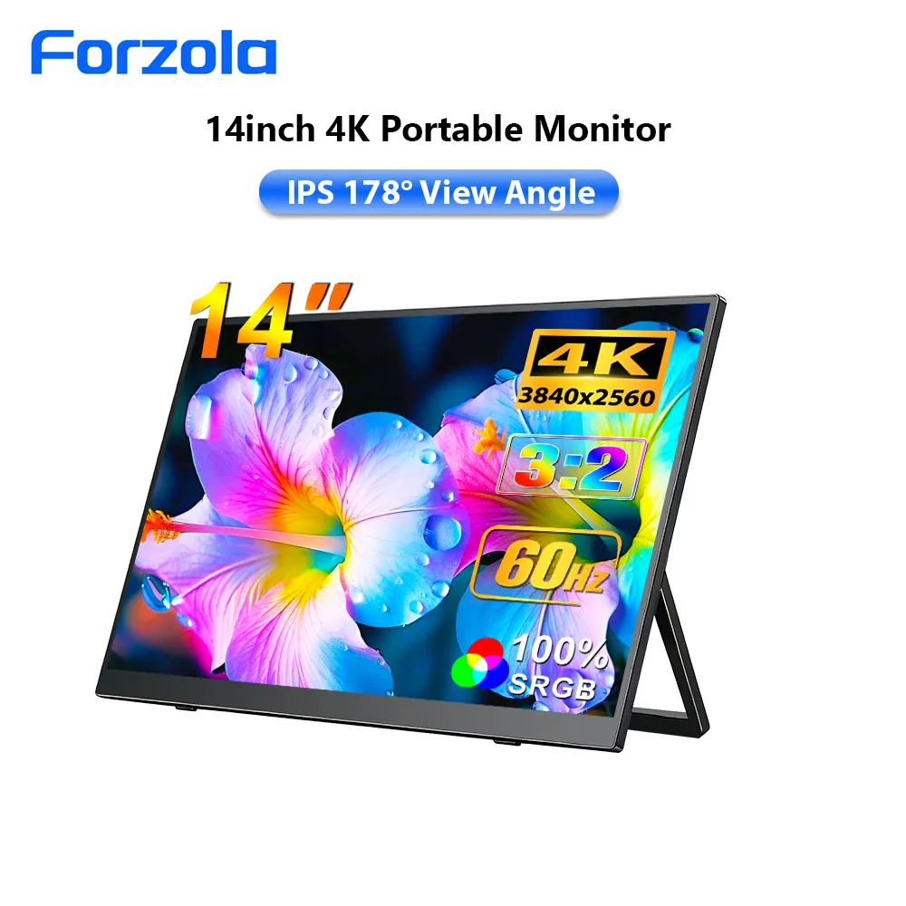 Monitor Portátil FORZOLA 14 Polegadas 4K UHD 3840*2560 IPS com Tela Externa Tipo C e Suporte 75x75 para PS5/4, Celular, Xbox, Laptop