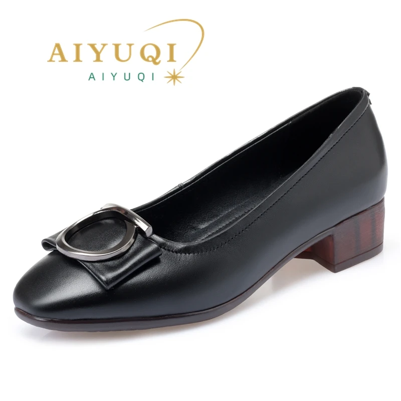 AIYUQI Women Dress Shoes Mid Heel Large Size 41 42 43 Genuine Leather Women Spring Shoes Soft Sole Mom Work Shoes Women