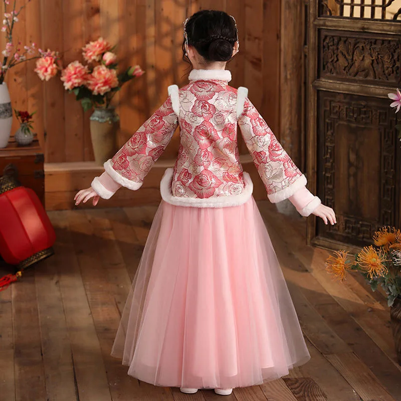 فستان كلاسيكي للخريف والشتاء من Hanfu فستان الكريسماس للأطفال بصور لطيفة ورائع بتصميم كلاسيكي مناسب لحفلات الكريسماس