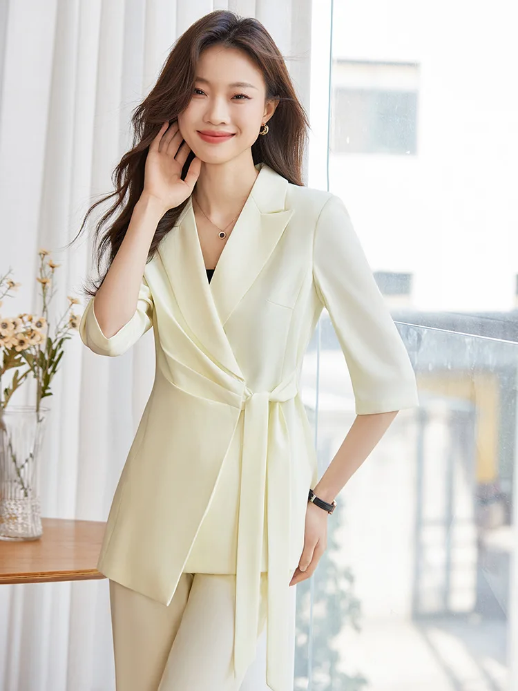 Costumes d'été jaune clair pour femmes, nouveau style de tempérament, blazer et pantalon slim professionnel, ensembles de 2 pièces, vêtements de travail de bureau pour dames