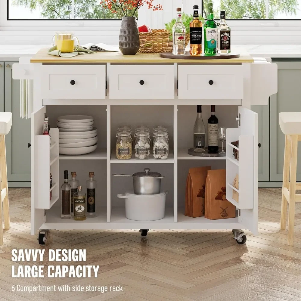 Kitchen Island On Wheels, 53 Inch Large Rolling, Drop Leaf Three Drawers, Mobile Cart Storage Design