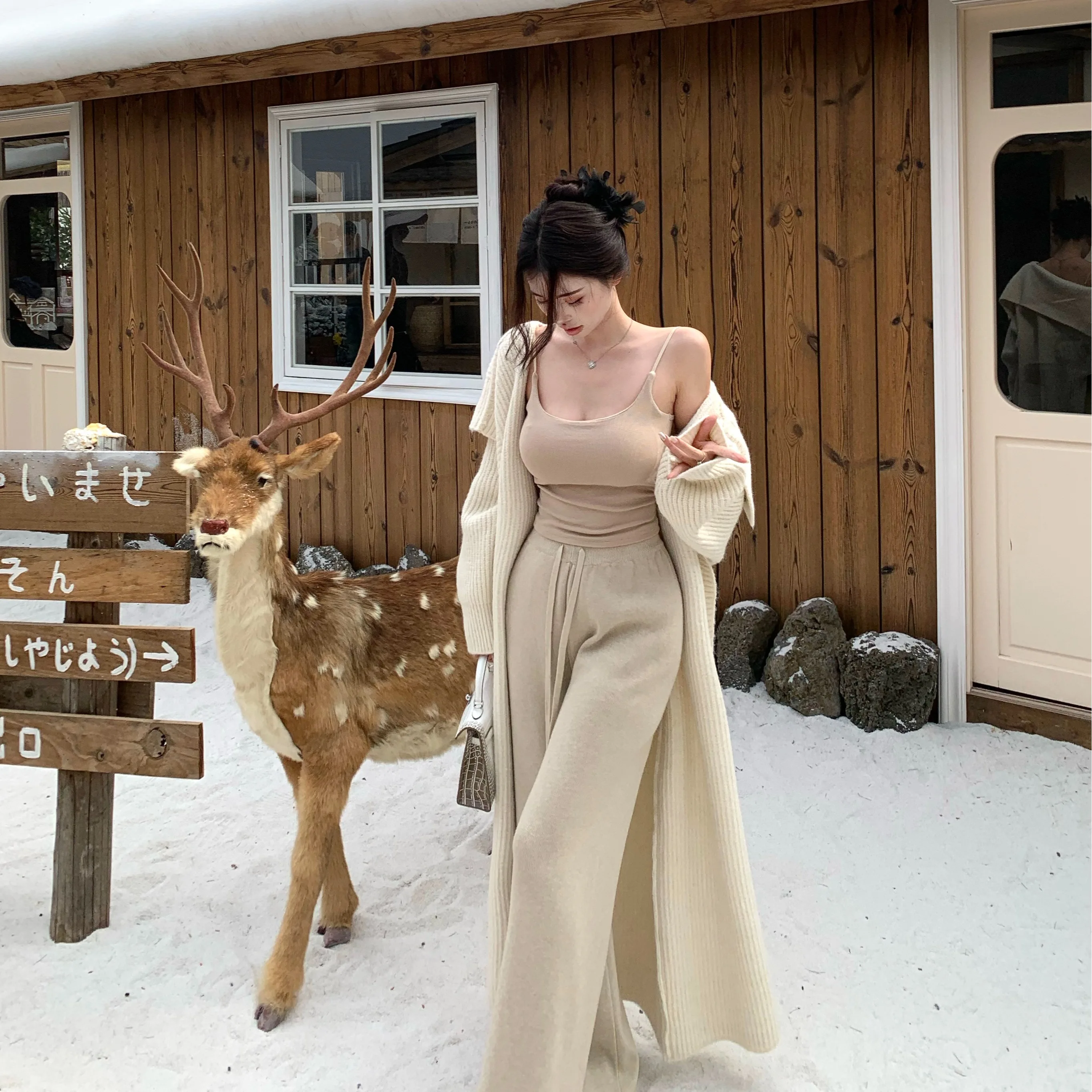 

Осень-зима, длинный вязаный кардиган, верхняя одежда, женские повседневные брюки с ремешком Pure Desire, комплект из футболки с большим воротником, ленивый Sle