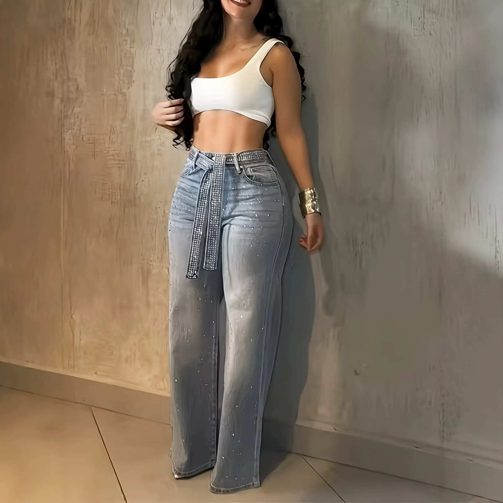 Women's Drilled Straight Leg Jeans Retro Nail Bead Baggy Jeans Ladies Stylish Denim Trousers Y2K Streetwear Women's Bottoms