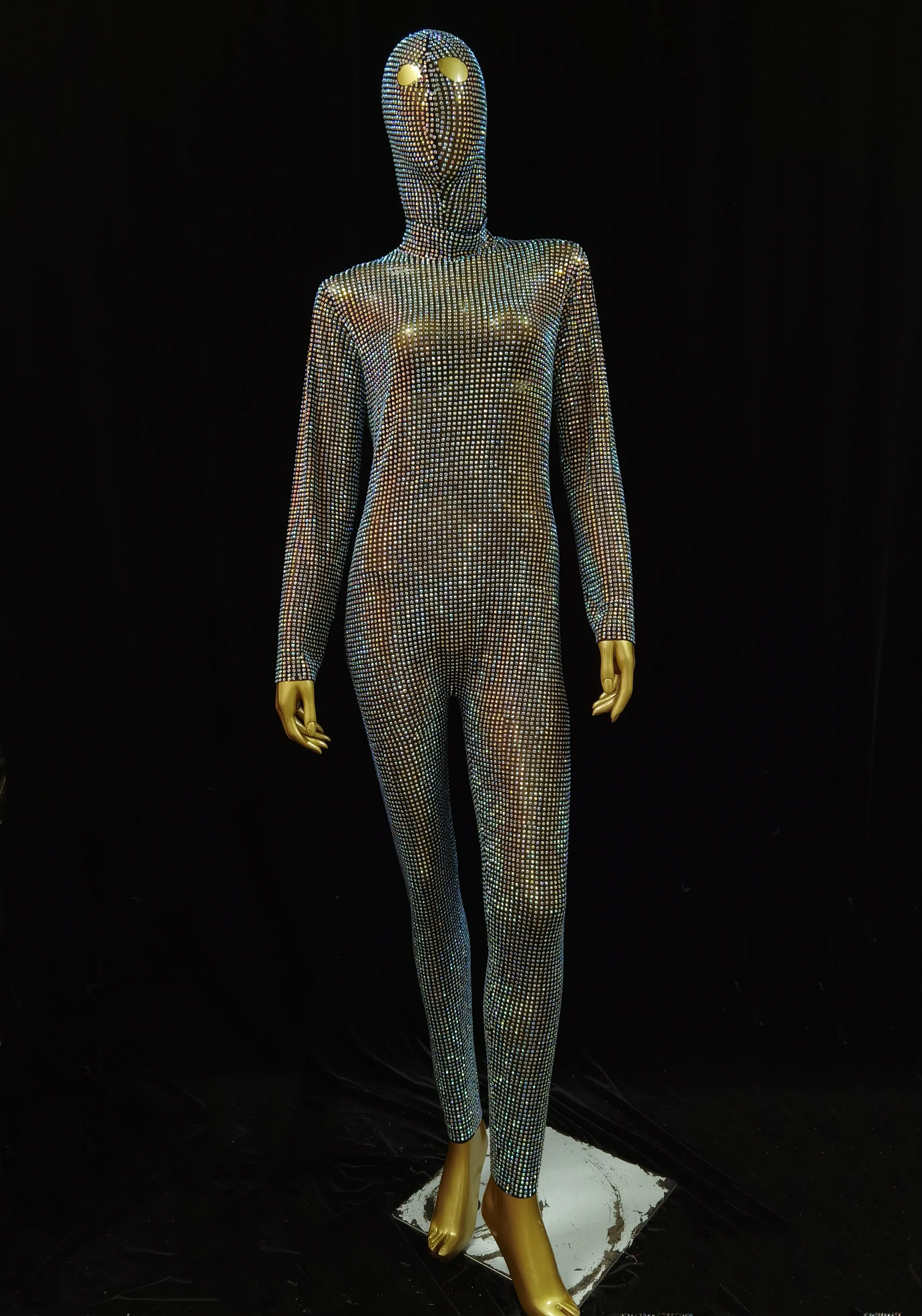 Lussuosa tuta con copricapo con maschera piena di strass e maniche lunghe per abiti da body glitter alla moda per feste