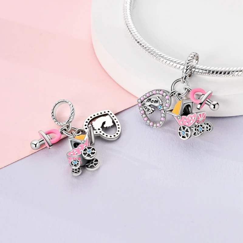 Hot Sale 925 Silver Dumbbell Stroller Oven Lipstick Pink Charms Pendant Fit 3mm 925 Original Bracelets Fine DIY Jewelry Gift