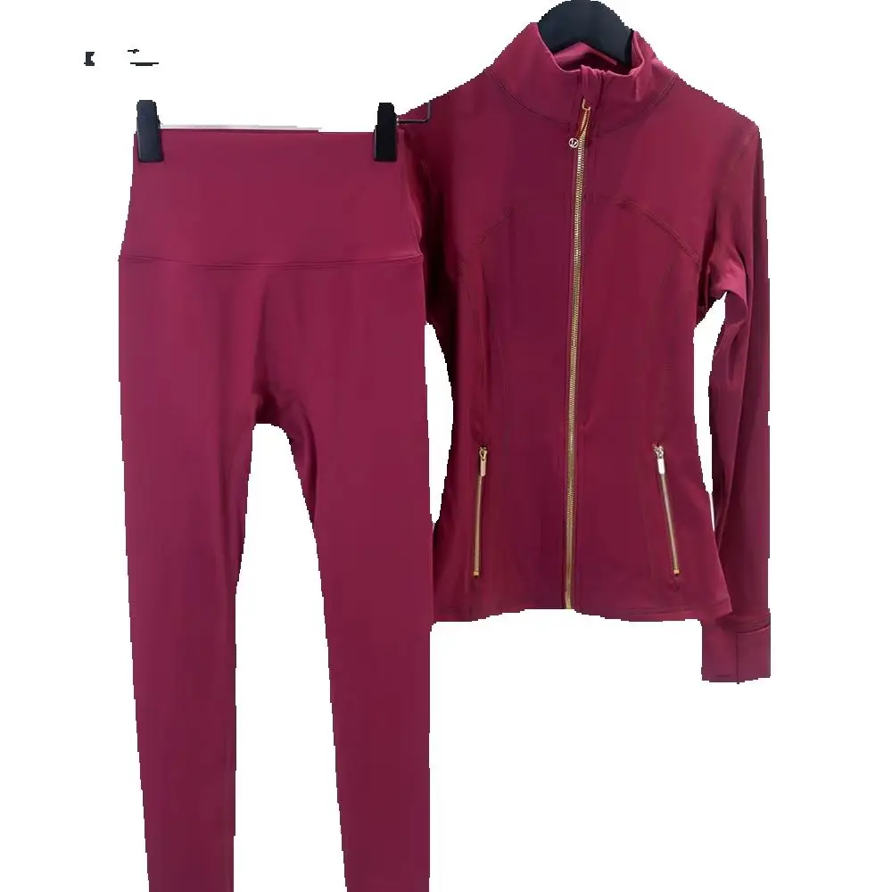 Goldfarbenes Reißverschluss-Jacken- und Yogahosen-Set, Sportbekleidung, schnelltrocknend und atmungsaktiv, schlank machend und leicht, eng anliegend