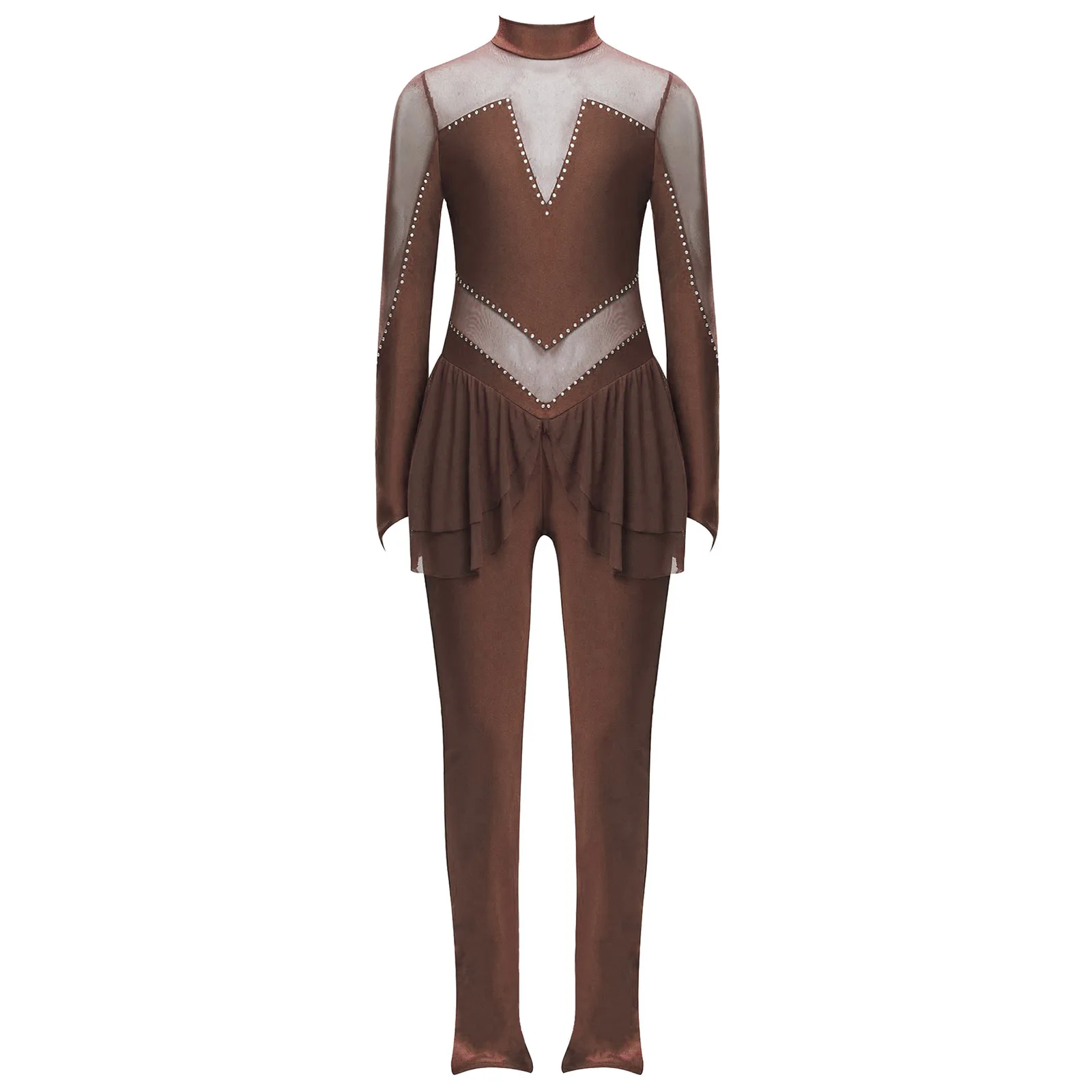 

Kids Girls Rhinestones Figure Skating Jumpsuit Performance Dancewear Long Sleeve Sheer Mesh Patchwork Leotards Rhythmic Dresses