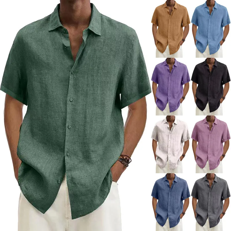 

Summer Men's Shirt Button Cotton And Linen Solid Color Men's Trendy Shirt Lapel Loose Short-sleeved Shirt