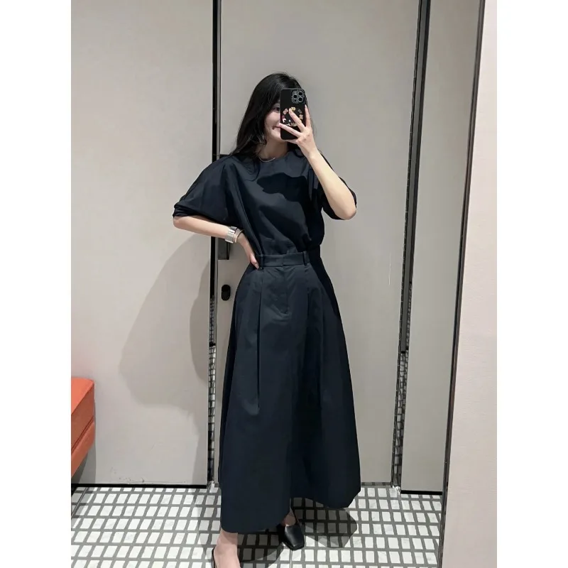 

2024 Summer New French Silk Cotton Blended Shirt Medium-length Solid Color Versatile A-line Umbrella Skirt Sets Female