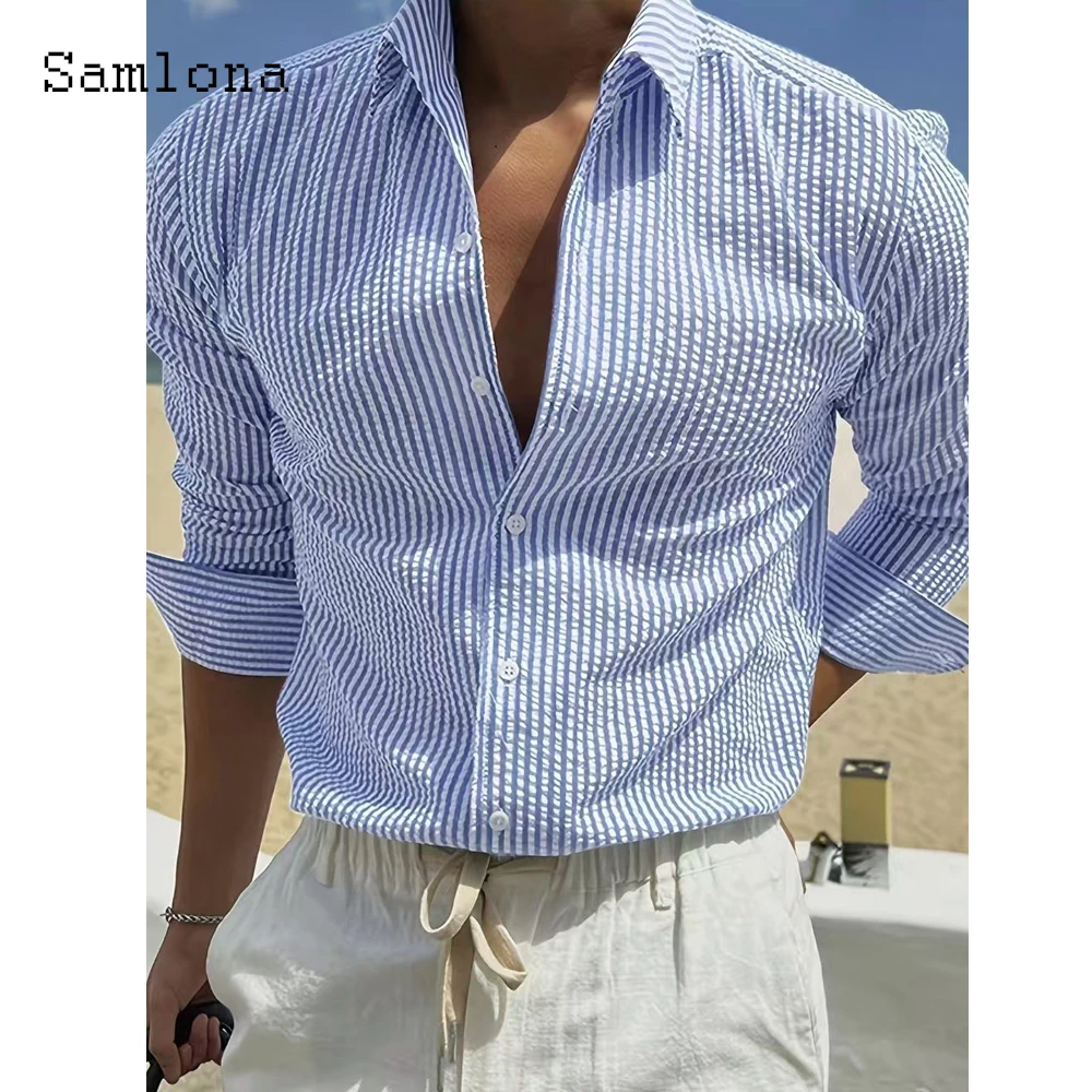 

Мужские базовые рубашки с длинными рукавами, одежда, лето 2023, популярный классический полосатый топ, однотонная блузка с зубцами, мужская повседневная узкая пляжная рубашка