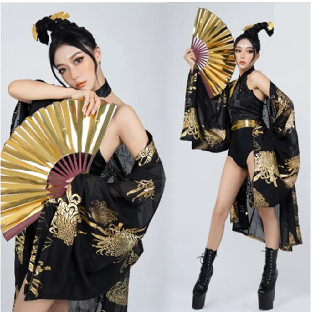 

Adult Chinese Style Jazz Dance Costume Big Sleeve Coat Black Pole Dance Outfit Nightclub Gogo Dance Performance Clothes