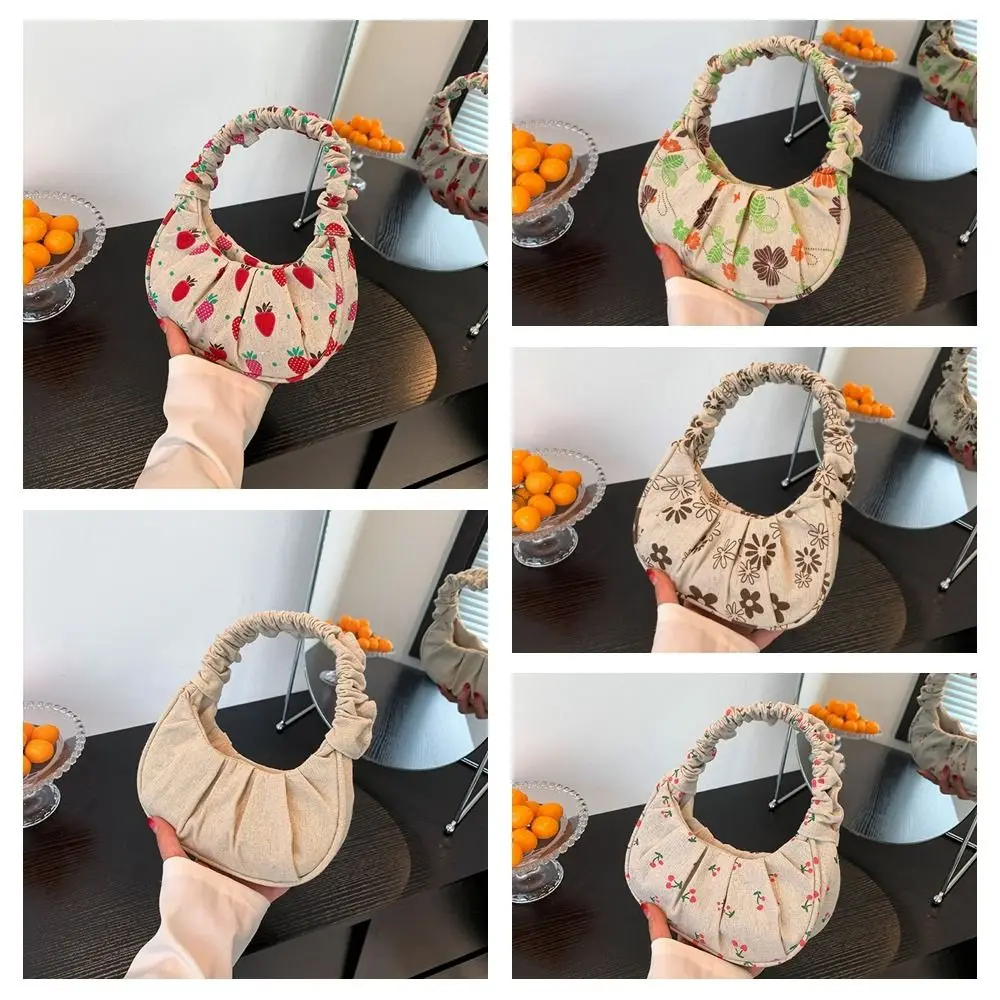 Casual Aardbei Wolk Schoudertas Geplooide Linnen Bedrukte Crossbody Tas Knoedel Opbergtas Geplooide Linnen Handtas Reizen