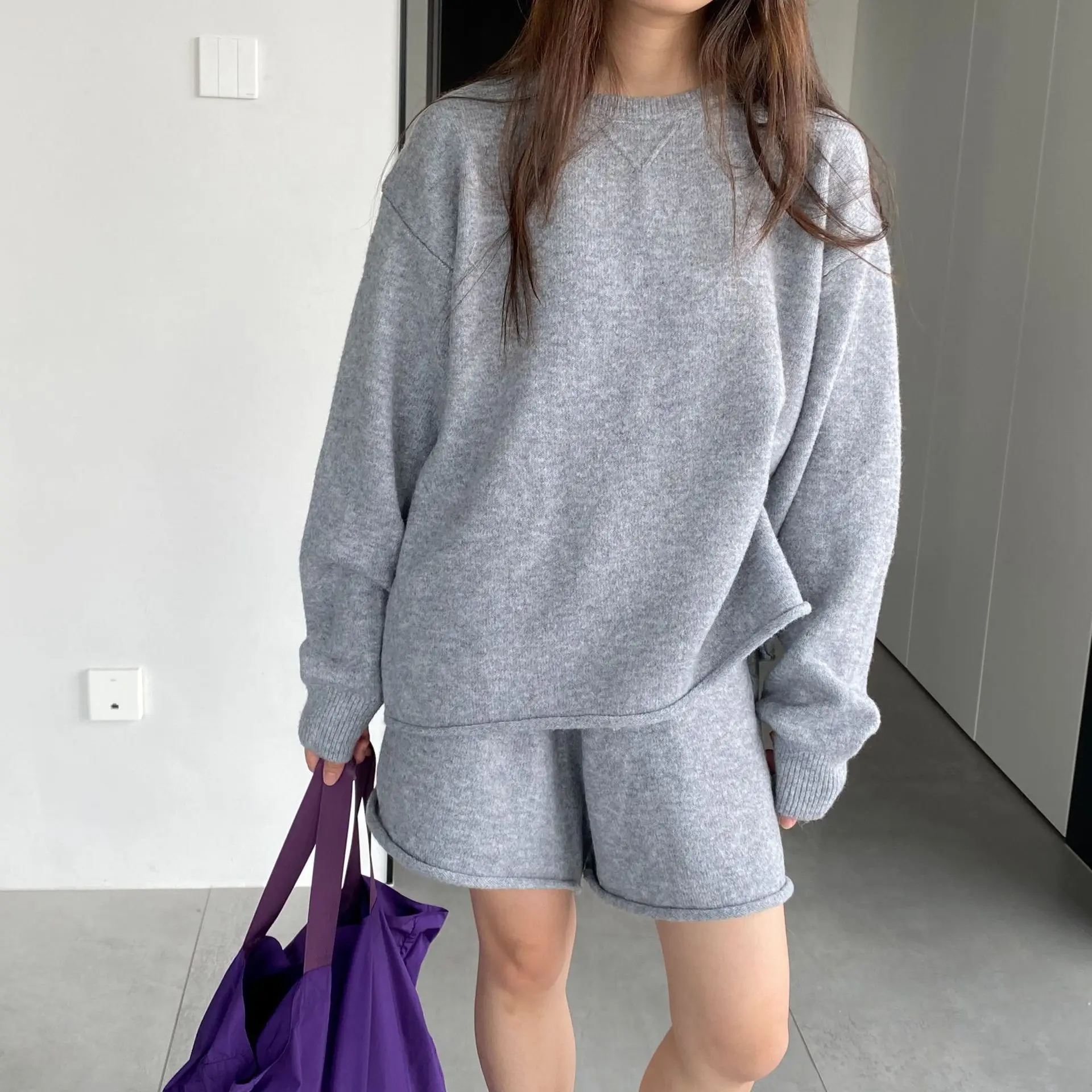 Solid Color Simple Shorts + Pullover Sweater Women Suit Loose Knitting Top And Drawstring Shorts Set Fall Winter Female Outfits