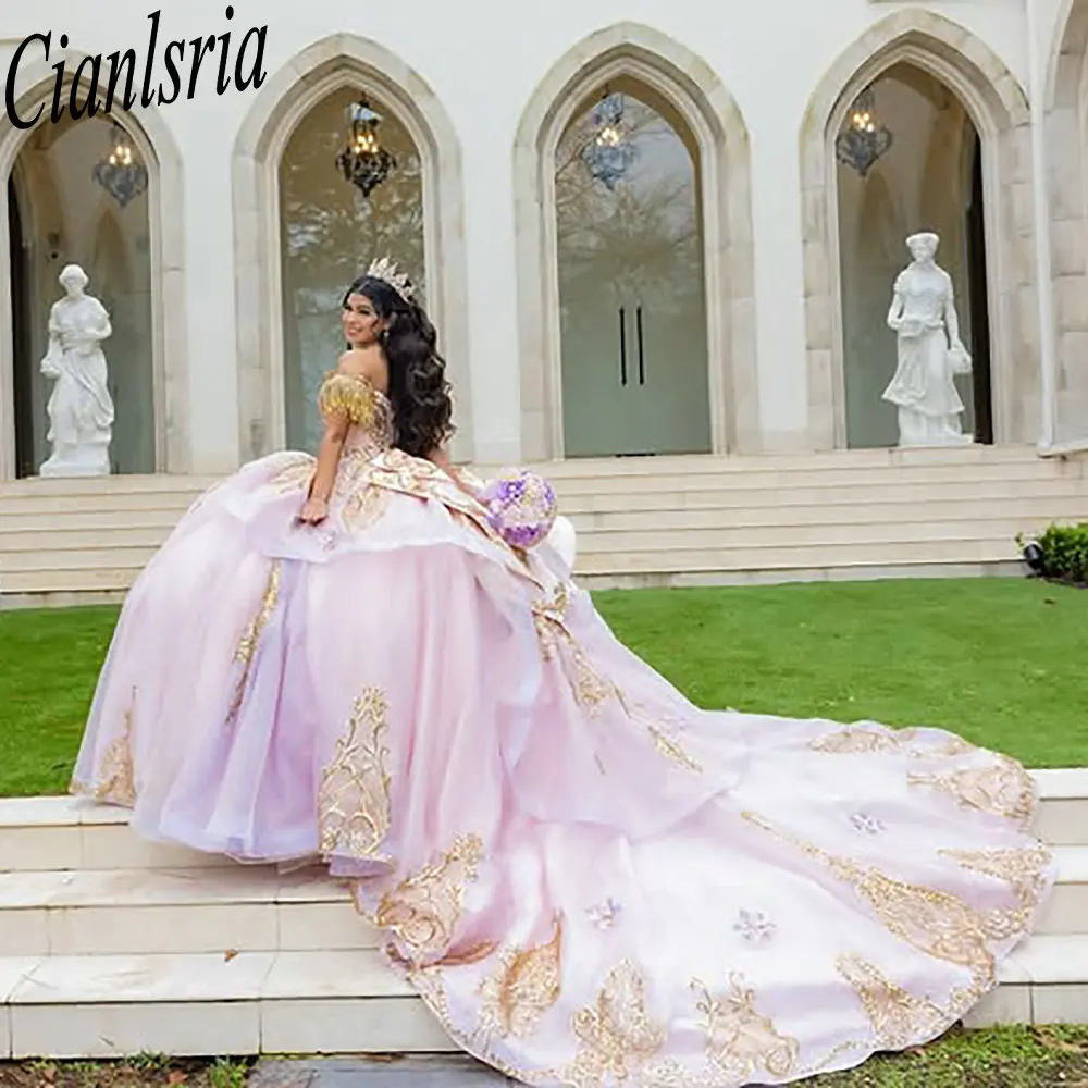 

Розовые платья Quinceanera с открытыми плечами и оборками, бальное платье с кисточками и бисером, золотые аппликации, кружево Sweet 15, мексиканский индивидуальный заказ