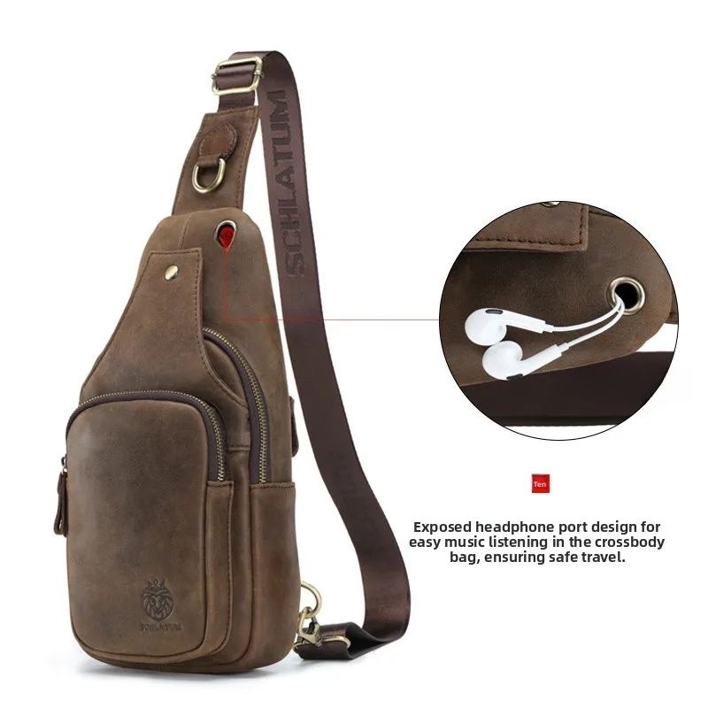 Genuine Leather Men's Crossbody Motorcycle Knight Chest Bag Vintage Cowhide Portable Backpack for Mobile Phone Leisure Scene