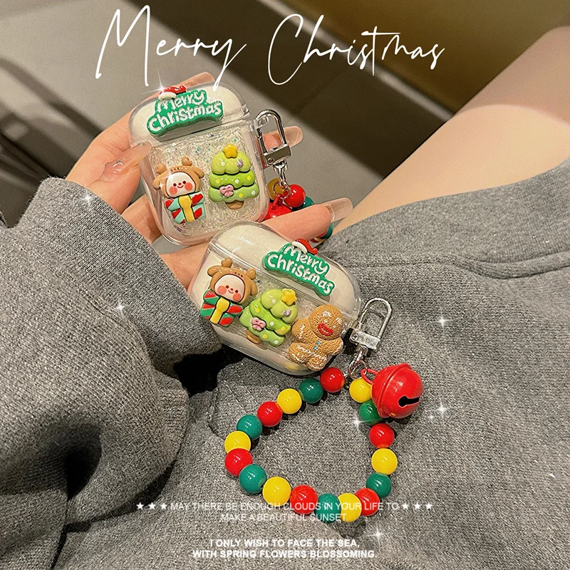 Ins Cute Cartoon Merry Christmas AirPods 1 2 3 Wireless Bluetooth Case For Apple AirPods Pro Earphone Case With Chain