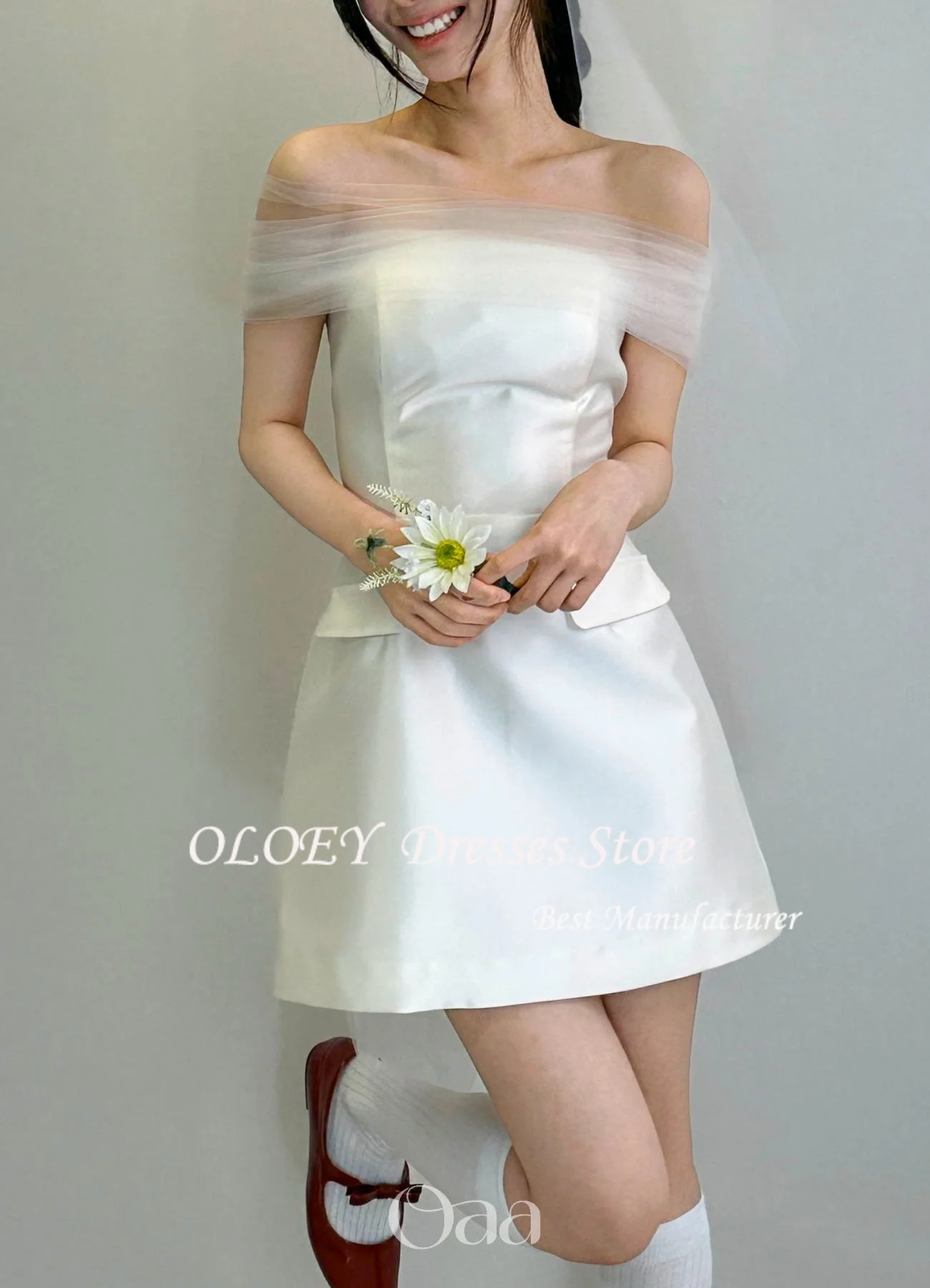 فساتين زفاف كورية صغيرة من OLOEY بجيوب قلابة قبالة الكتف من الساتان مشد فساتين الزفاف المفاجئة فساتين الاستقبال فستان الحفلات #2