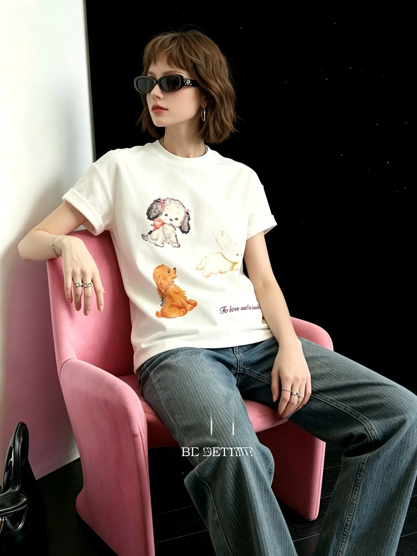 

Huaappuw Summer New Style Commuter Versatile Dog Animal Print Embroidered Letter T-Shirt Korean Loose Fit Short Sleeve Women'...