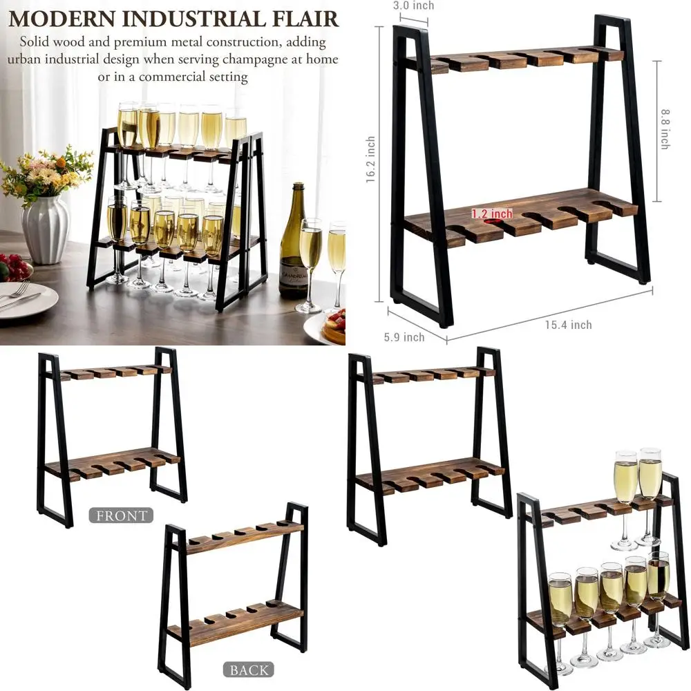 

Деревянная подставка для шампанского в деревенском стиле с черным металлическим каркасом, вмещает 9 высоких стаканов, набор из 2 шт.