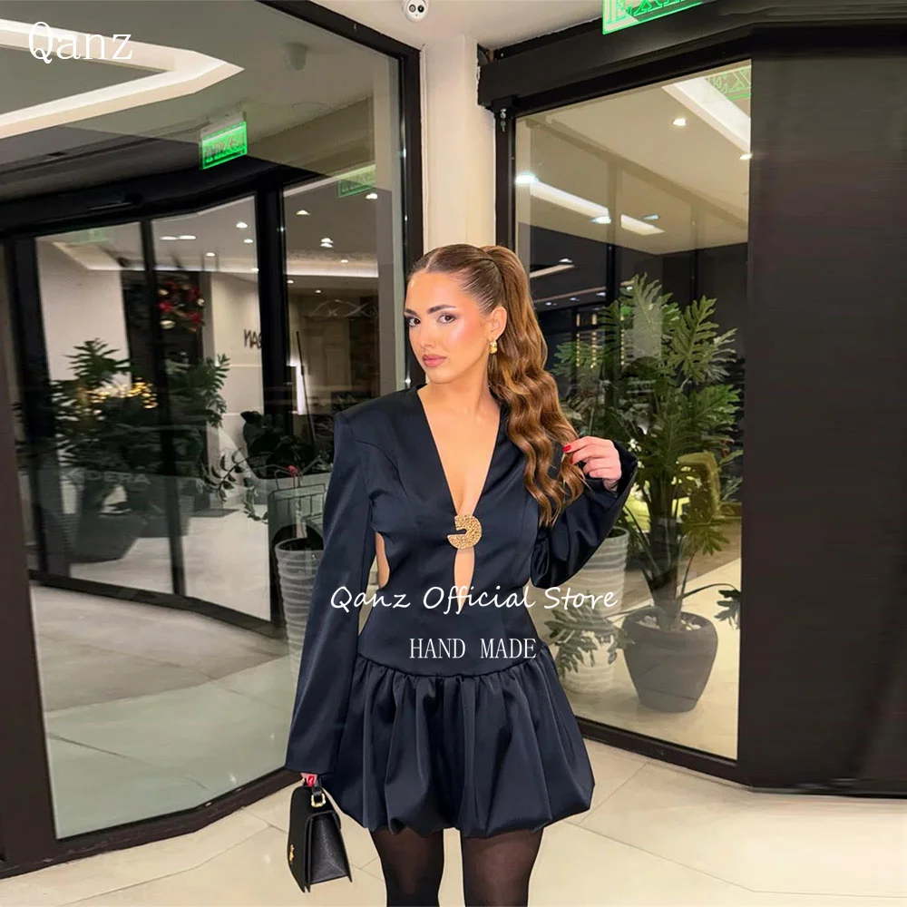 

Qanz Navy Blue Satin Prom Dress Sexy Deep V Neck Long Sleeves Mini Bespoke Occasion Dresses Short Vestidos De Fiesta Customized