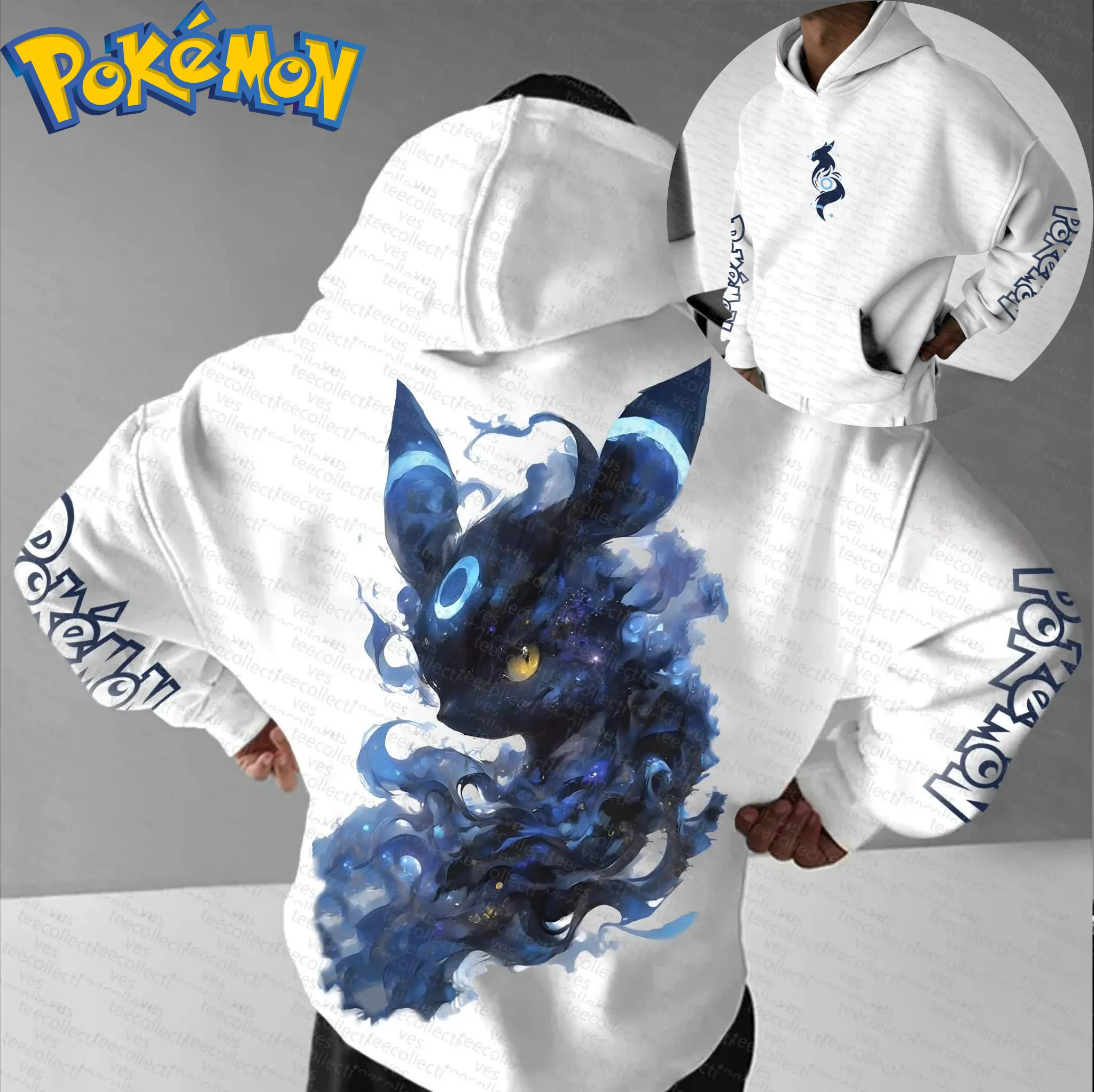 Pokemon anime algodão moletom com capuz harajuku calças conjunto branco personagem impressão com pele azul olhos amarelos estrela fumaça padrão duas peças