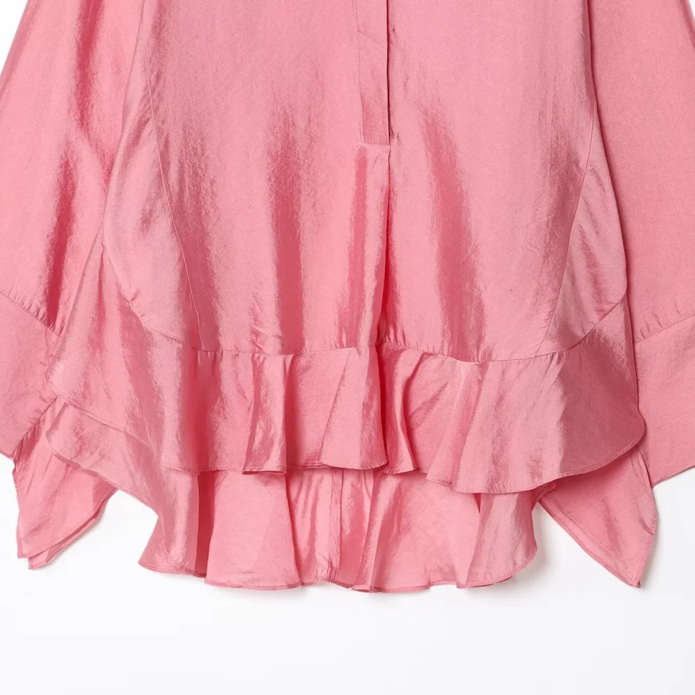 Frauen einfarbig gekräuselte taste rundhals fledermaus lange ärmeln lose hemd herbst neue süße temperament top